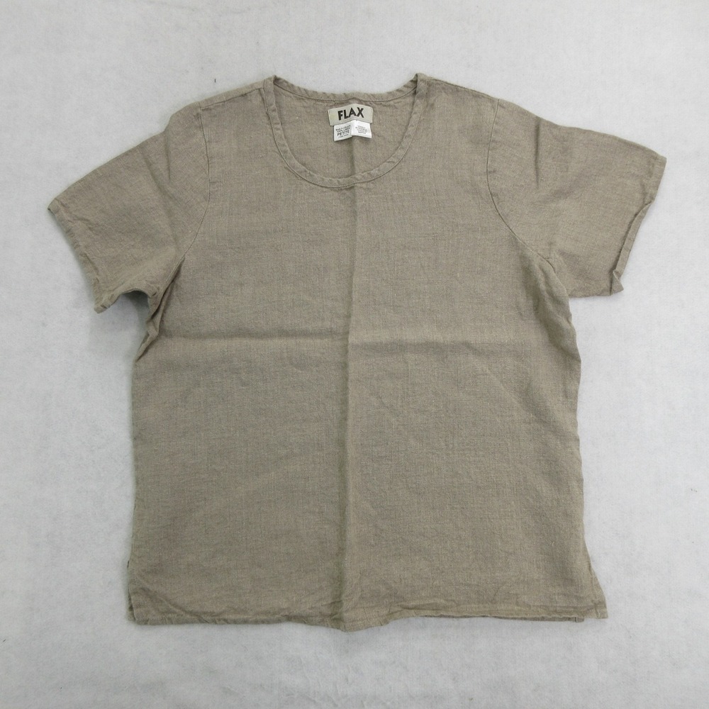 FLAX Womens XS Linen Short Sleeve Top Beige Crew Neck New